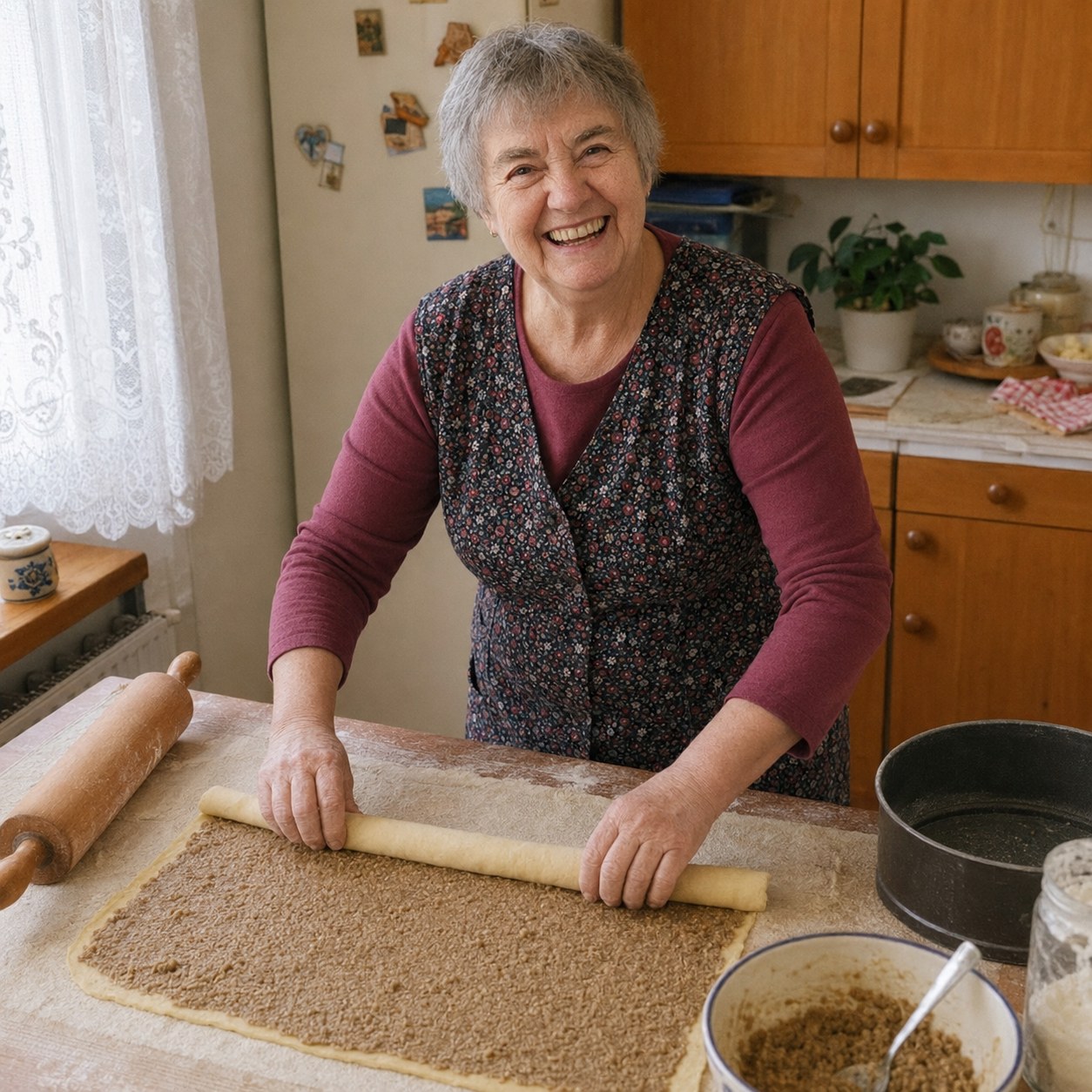 Marija peče potico v kuhinji
