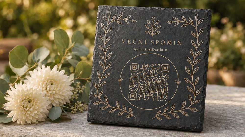 QR ploščica Večni Spomin na skrilavcu z rožami