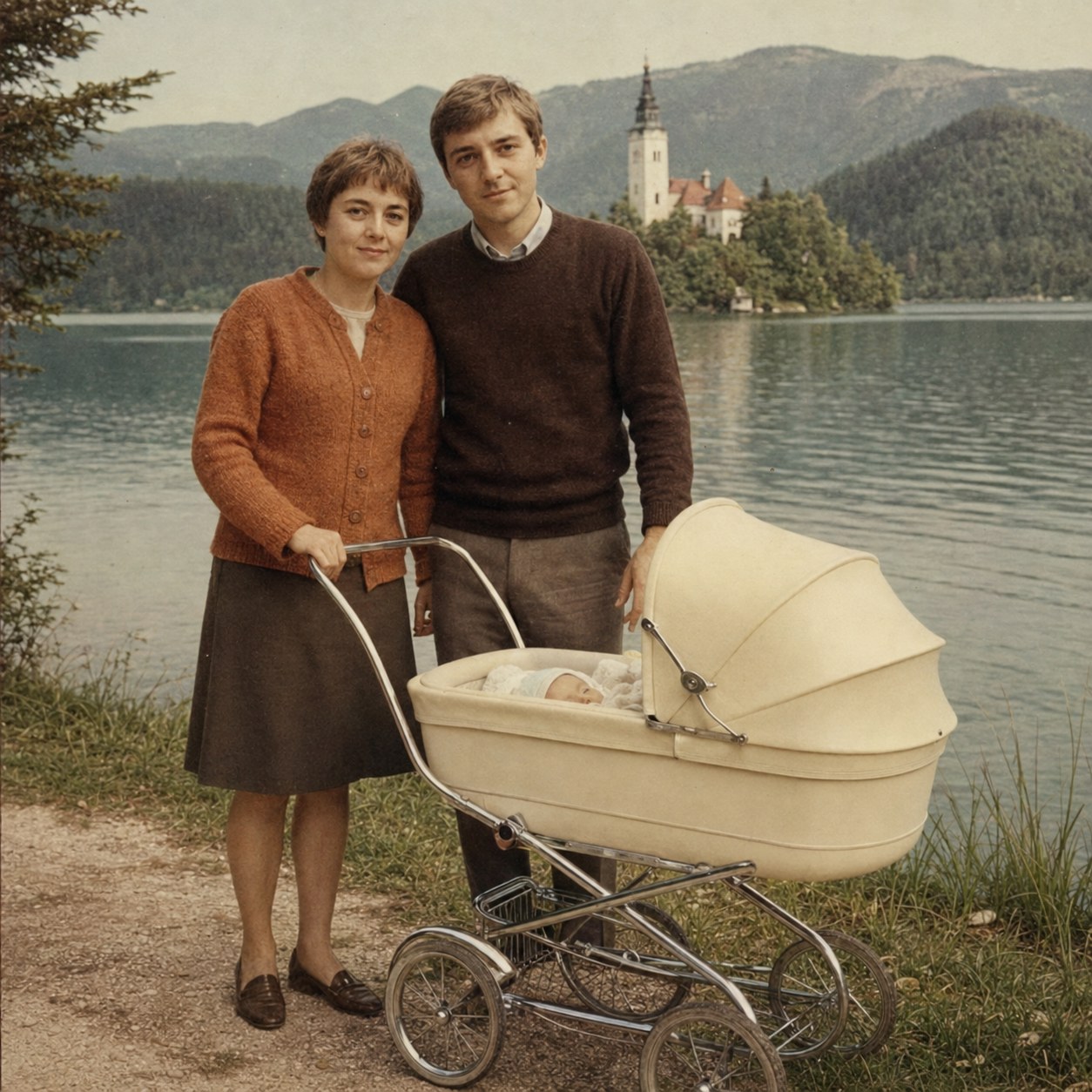Marija in Janez z otroškim vozičkom ob Bledu